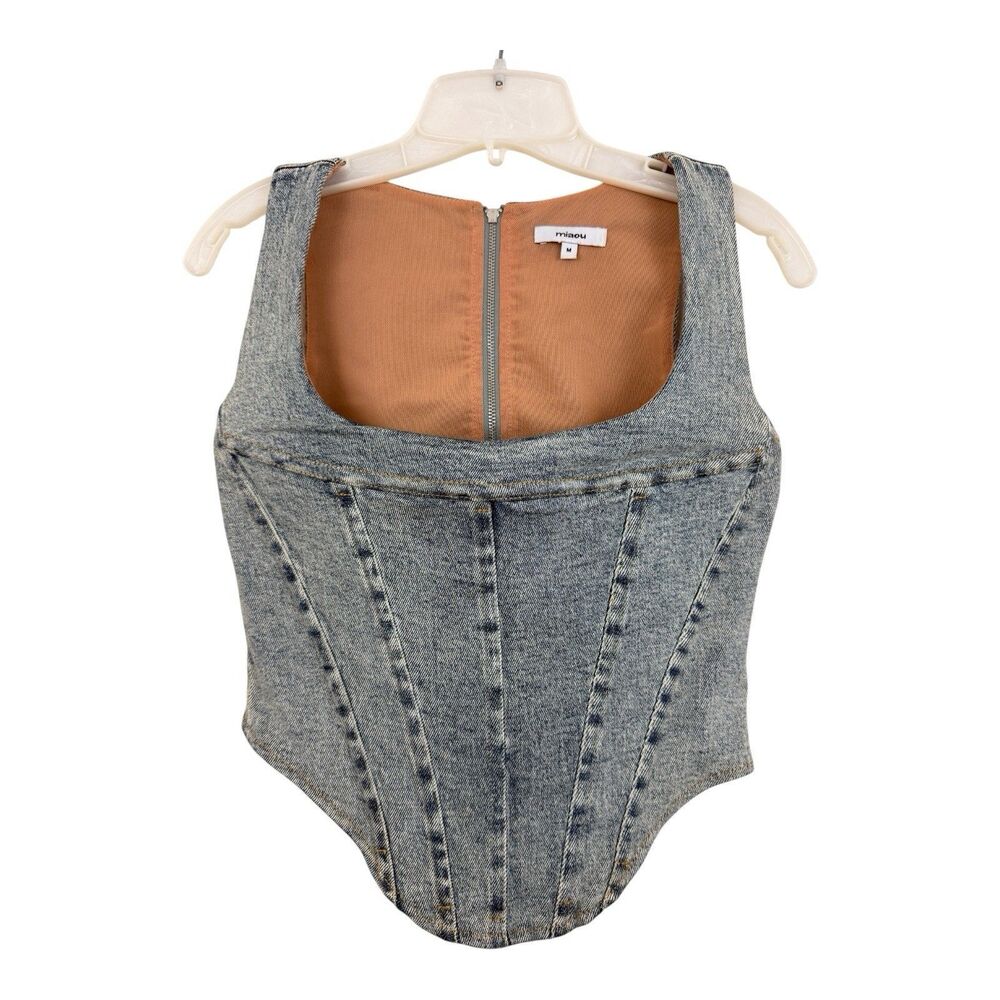 MIAOU Strapless Cropped Corset Sz M Blue Denim Cotton Blend Stretch Coquette